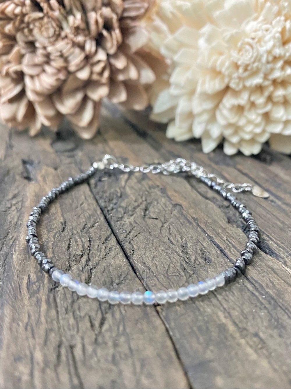 Dainty Chain Bracelet, Tiny Hematite & Labradorite beads, 18k Gold Filled Chain
